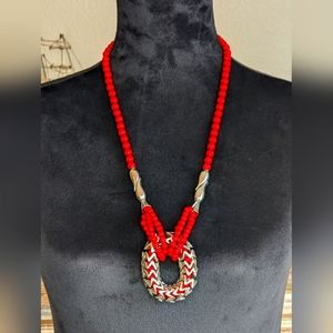 Tuleste Vintage Red and Silver Beaded Statement Necklace Unique!